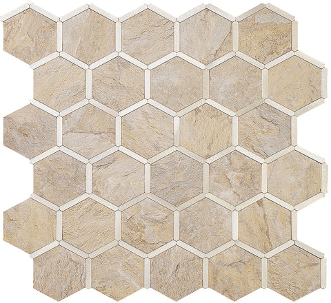 Beige Sandstone Hexagon PVC Tile Mixed Golden Metal Chips - UK