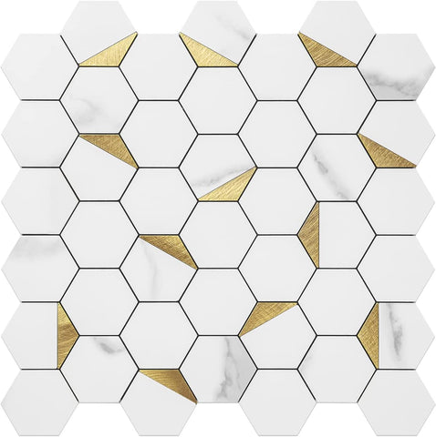 White Marble Look Hexagon PVC Mixed Golded Metal Chips - UK