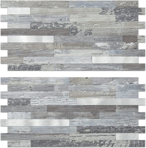 Distressed Wood Look Stacked PVC Tile Mixed Silver Metal Chips, Half-sheet