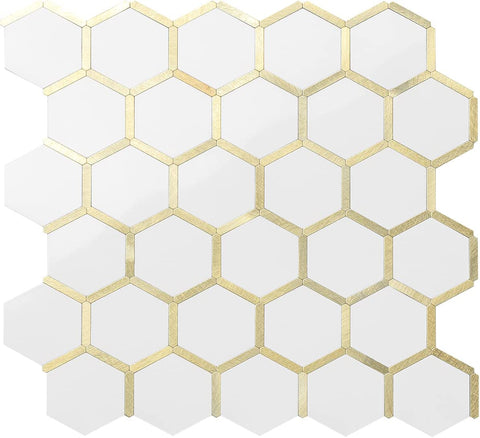 Polished White Ceramic Look Hexagon PVC Tile Mixed Light Golden Metal Chips - Canada