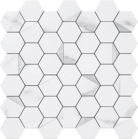 White Marble Look Hexagon PVC Mixed Silver Metal Chips - CA