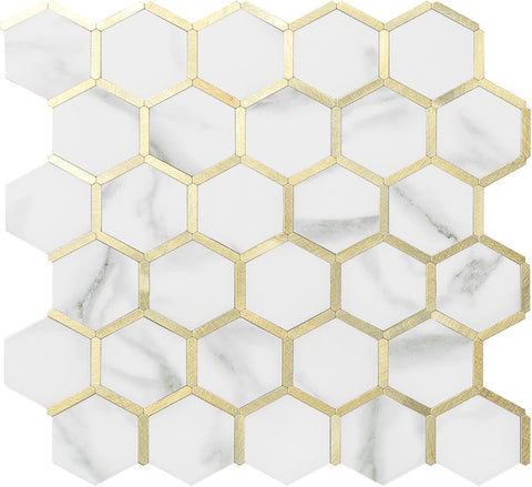 Polished White Marble Look Hexagon PVC Mixed Light Golded Metal Chips