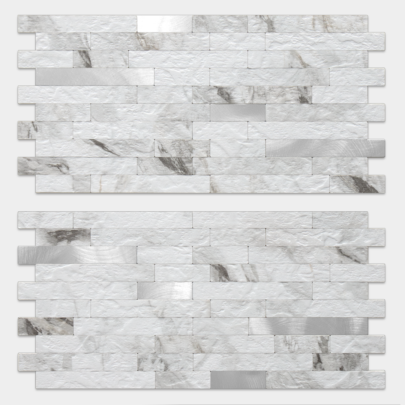 White Marble Stacked Linear PVC Mixed Silver Metal Chips