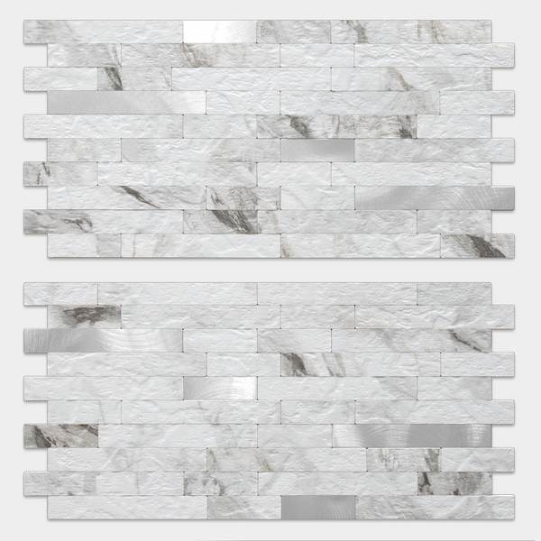 White Marble Stacked Linear PVC Mixed Silver Metal Chips