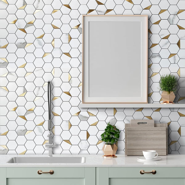 White Marble Look Hexagon PVC Mixed Golded Metal Chips - CA