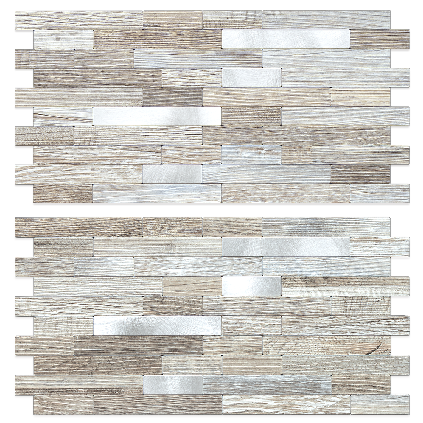 Taupe and Beige Rustic Wood Linear Mosaic PVC Tile Mixed Metal Silver