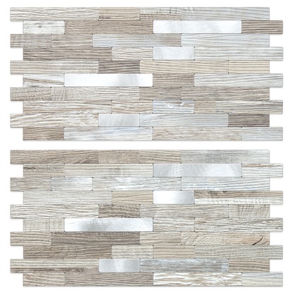 Taupe and Beige Rustic Wood Linear Mosaic PVC Tile Mixed Metal Silver