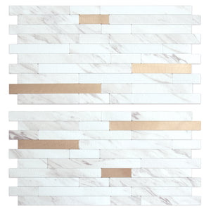 White Faux Stone Look Stacked PVC Tile Mixed Champagne Gold Chips