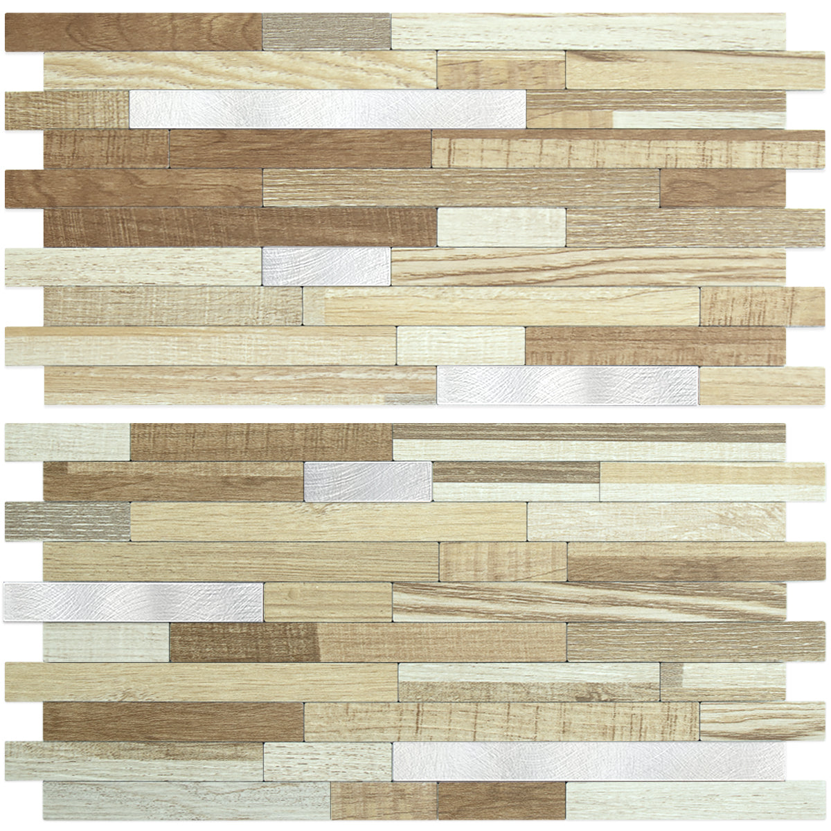 Beige & Brown Wood Stacked Linear PVC Tile Mixed Metal Silver