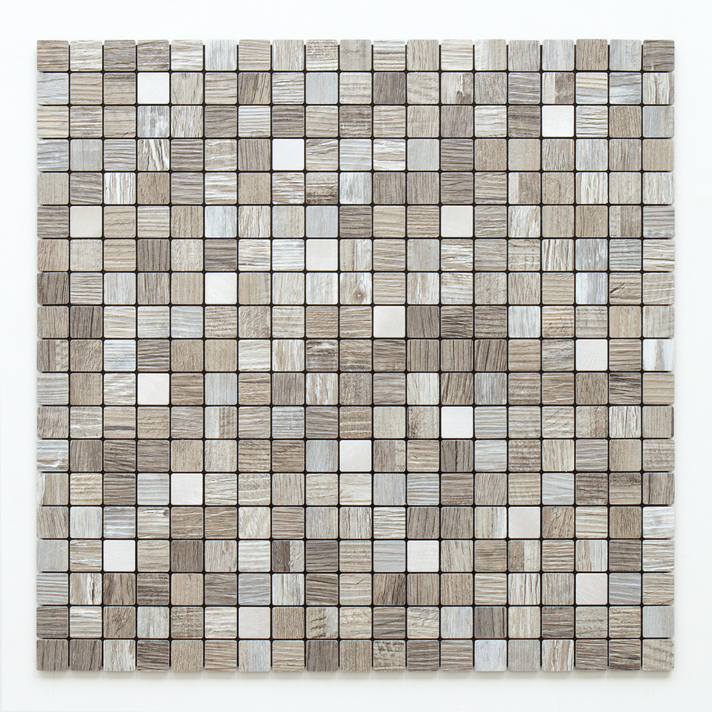 Taupe and Beige Weathered Wood Square Mosaic PVC Tile Mixed Metal Silver