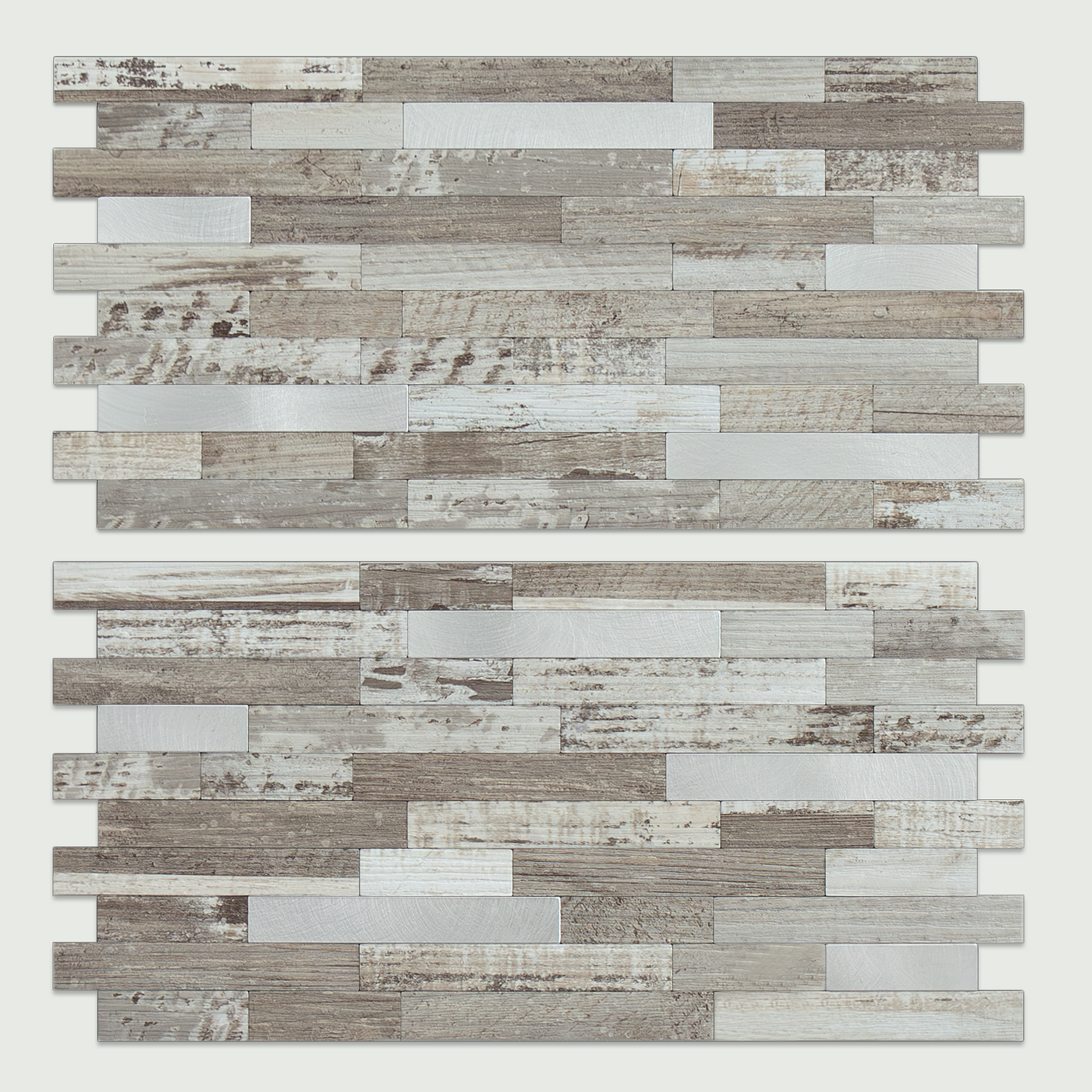Taupe and Brown Aged Wood Linear PVC Tile Mixed Metal Silver