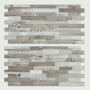Taupe and Brown Rustic Wood PVC Stacked Tile Mixed Metal Silver Chips