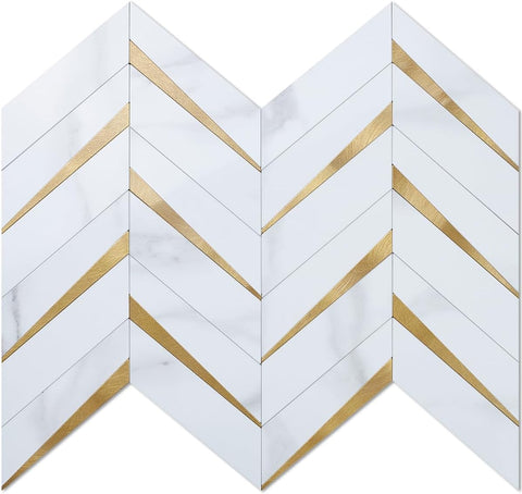 Polished White Marble Look Heringbone PVC Tile Mixed Golden Metal Chips
