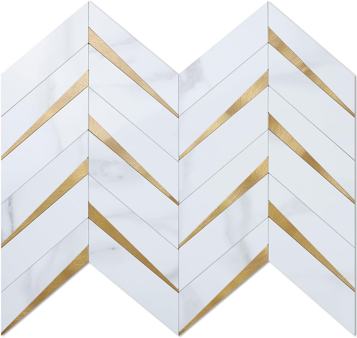 Polished White Marble Look Chevron PVC Tile Mixed with Metal Golden Chips