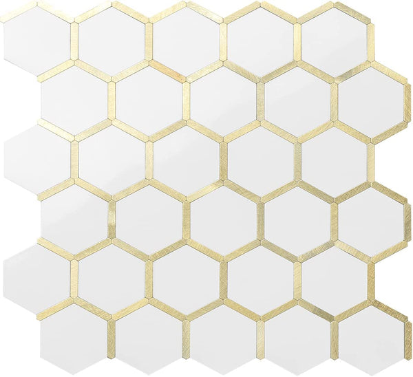 Polished White Ceramic Look Hexagon PVC Tile Mixed Light Golden Metal Chips - Canada