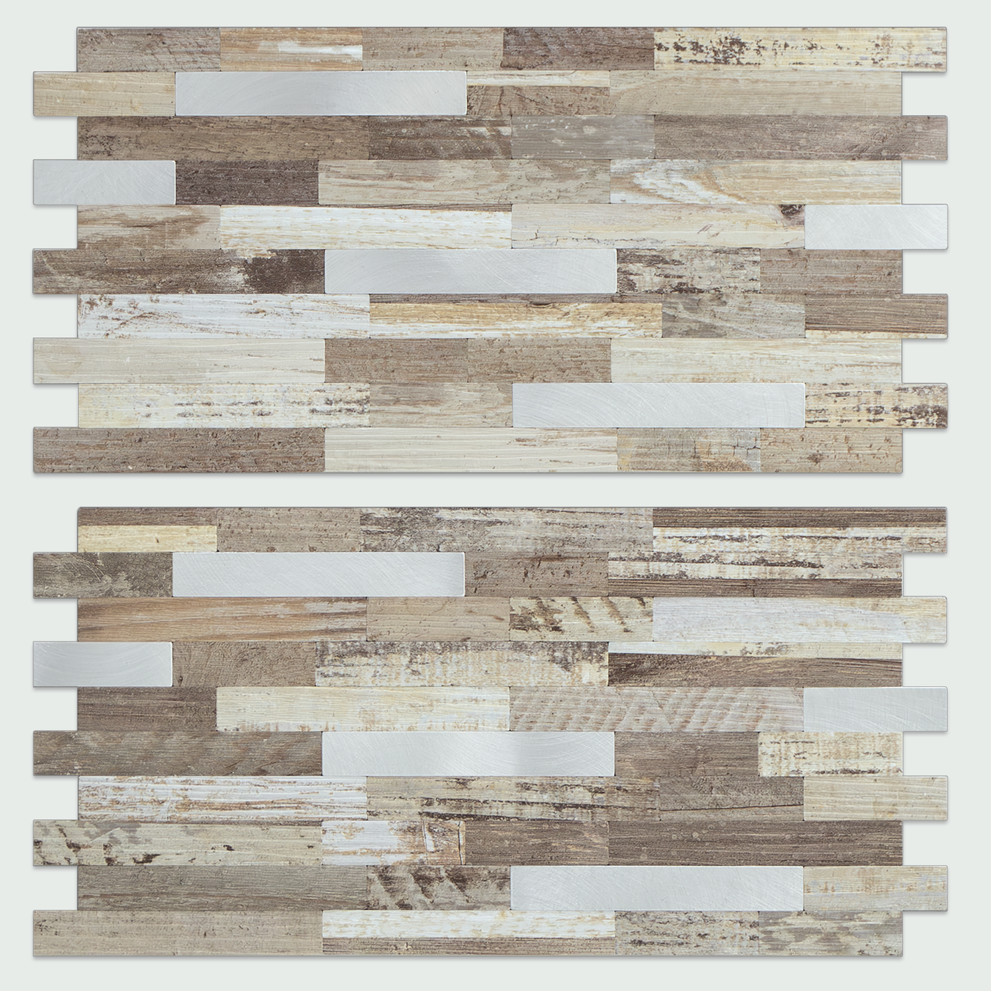 Beige and Brown Aged Wood Linear Mosaic PVC Mixed Metal Silver