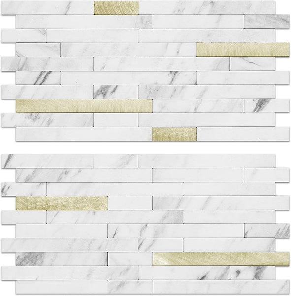 White Faux Stone Stacked PVC Mixed Light Golded Metal Chips, Half-sheet