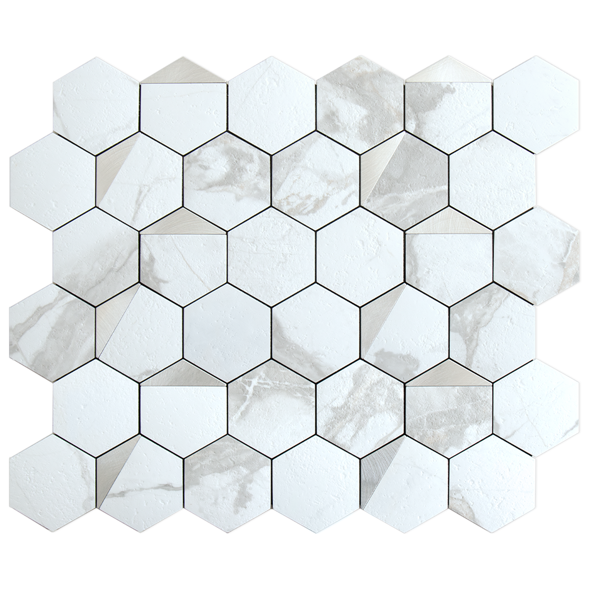 White Marble Hexagon PVC Tile Mixed Metal Silver