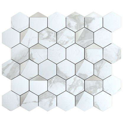 White Marble Hexagon PVC Tile Mixed Metal Silver