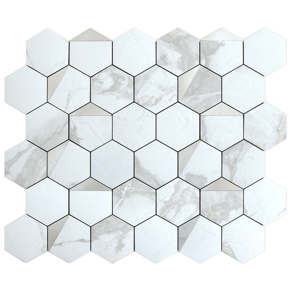 White Marble Hexagon PVC Tile Mixed Metal Silver