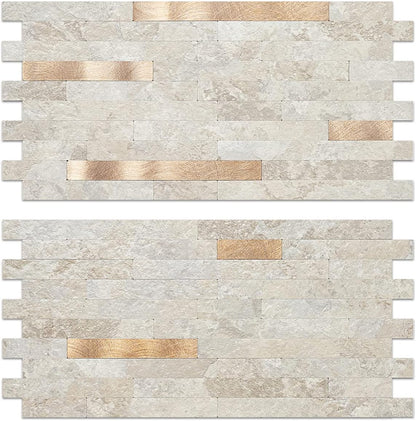 Beige Marble Look Stacked PVC Tile Mixed Golden Metal Chips