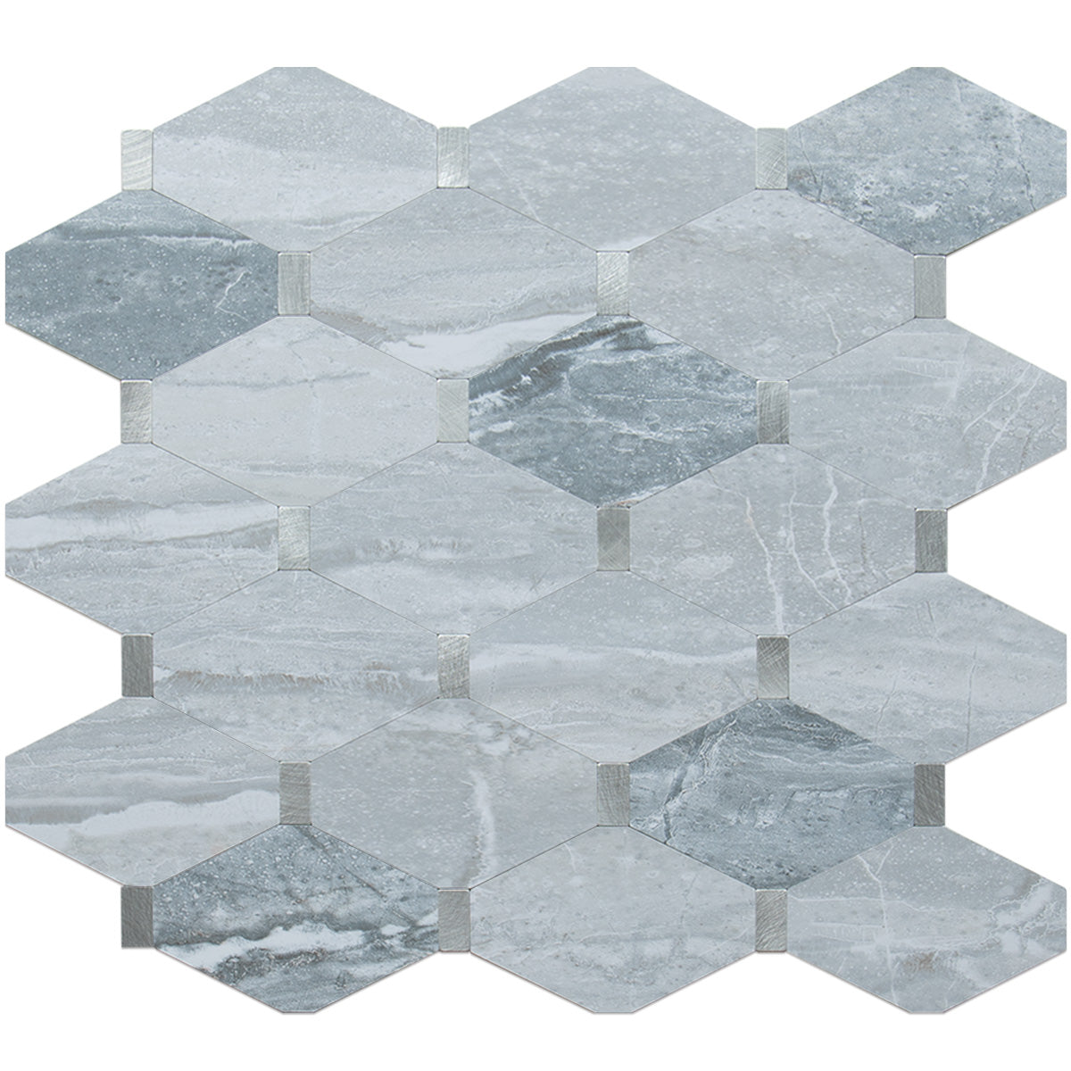 Bluish Grey Marble Octagon PVC Tile Mixed Metal Silver