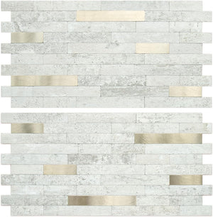 Light Beige Faux Stone PVC Stacked Tile Mixed Light Gold Metal Chips