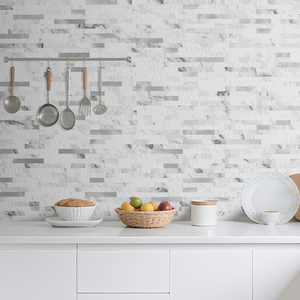 White Marble Stacked Linear PVC Mixed Silver Metal Chips