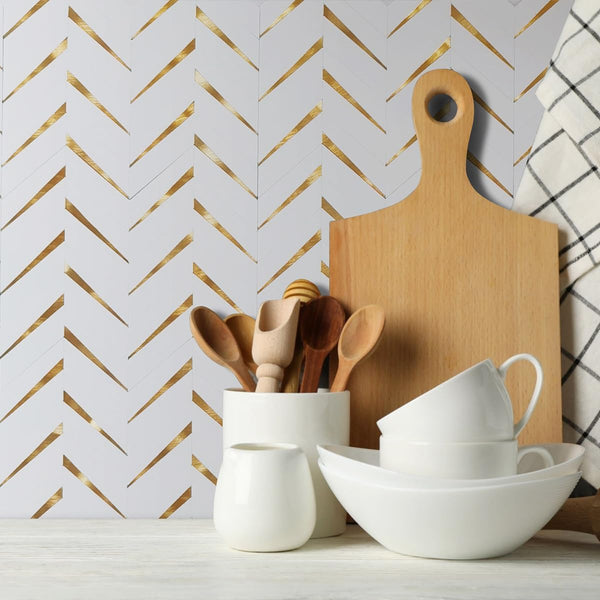 Polished White Herringbone PVC Tile Mixed Golden Chips