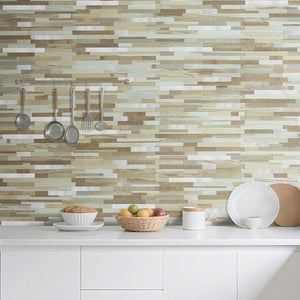 Beige & Brown Wood Stacked Linear PVC Tile Mixed Metal Silver