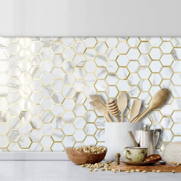 Polished White Marble Look Hexagon PVC Mixed Light Golded Metal Chips - CA