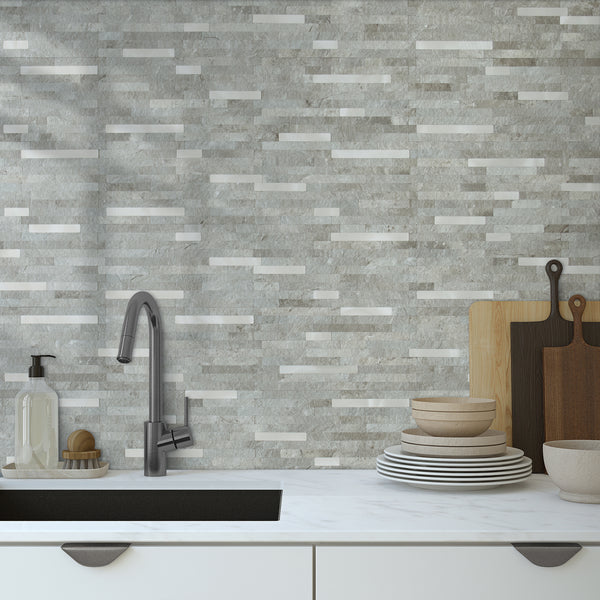 Grey Mountain Rock Stacked Linear PVC Tile Mixed Metal Silver