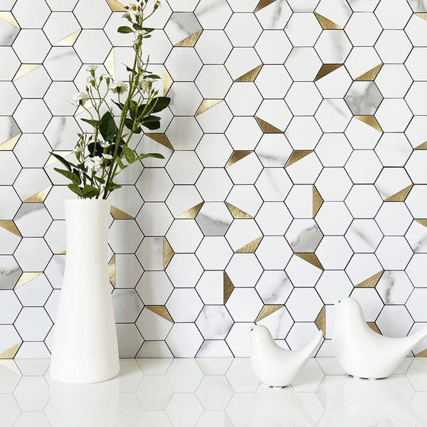 White Marble Look Hexagon PVC Mixed Golded Metal Chips - UK