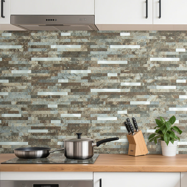 Beige & Brown Stacked Linear PVC Tile Mixed Metal Silver