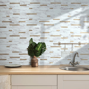 White Faux Stone Look Stacked PVC Tile Mixed Champagne Gold Chips