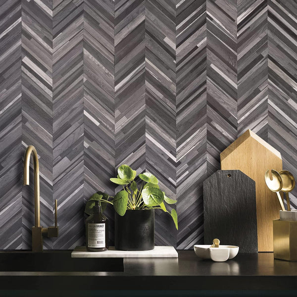 Black Vintage Wood Look Chevron PVC Tile - Canada