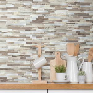 Beige and Brown Rustic Wood Look PVC Stacked Tile Mixed Metal Silver