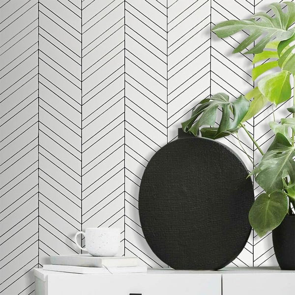 Polished White Ceramic Look Chevron PVC Tile with Faux Grout Line Built-in - Canada