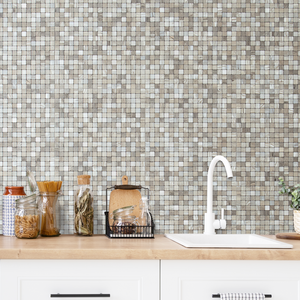 Taupe and Beige Weathered Wood Square Mosaic PVC Tile Mixed Metal Silver