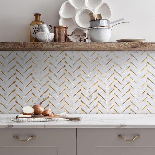 Polished White Marble Look Chevron PVC Tile Mixed with Metal Golden Chips