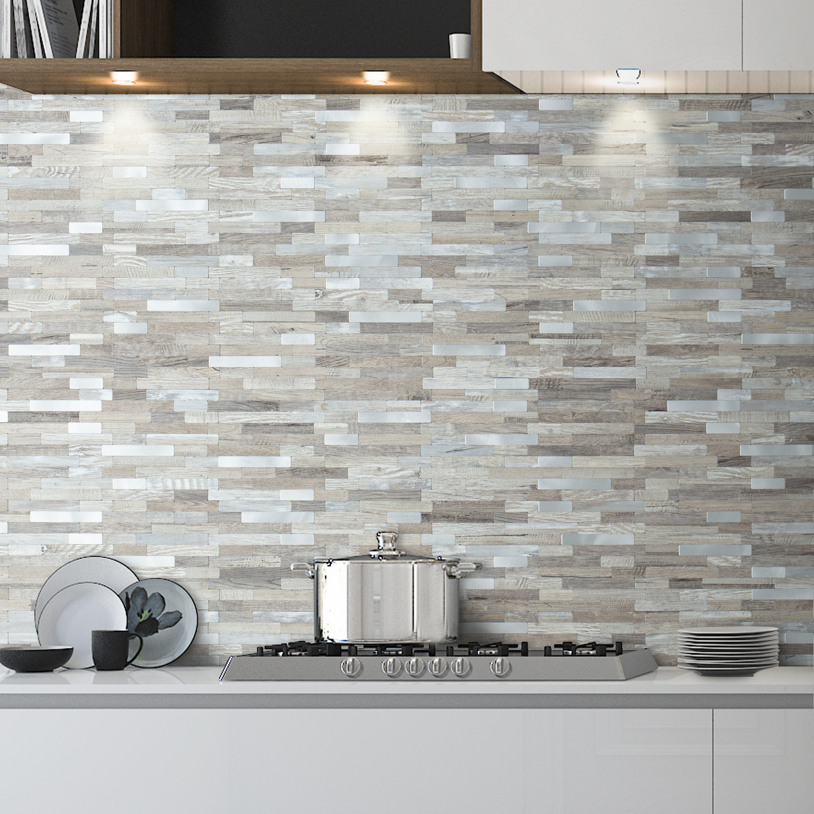 A waterproof and heat-resistant backsplash made of rectangular wood-look PVC tiles in mixed light beige, gray, and white tones, installed as kitchen and bathroom backsplash, or serve as accenting an interior wall.