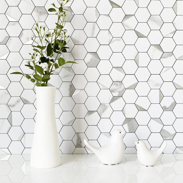 White Marble Look Hexagon PVC Mixed Silver Metal Chips