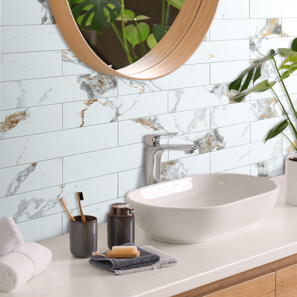 Polished White Marble with Gold Veinings 3‘’x12''Subway PVC Tile