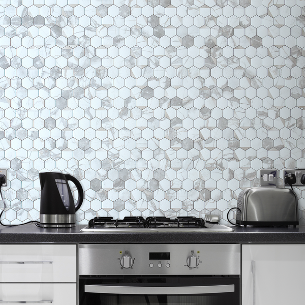 White Marble Hexagon PVC Tile Mixed Metal Silver
