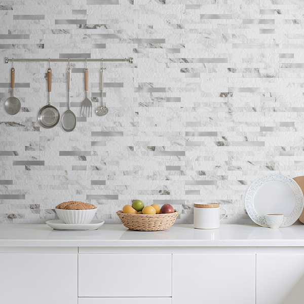 White Marble Stacked Linear PVC Mixed Silver Metal Chips