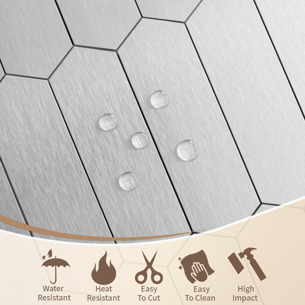 Silver Brushed Metal Elongated Hexagon PVC Tile