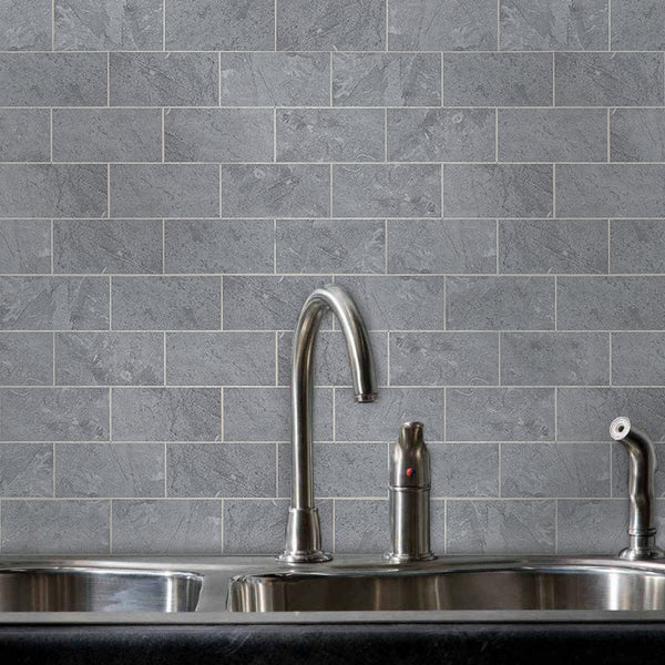 Dark Gray Faux Stone Subway PVC Tile With White Faux Grout - Canada