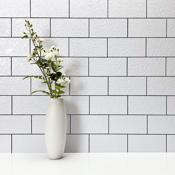 Matte White Stone Texture Subway PVC Tile With Faux Black Grout Built-in