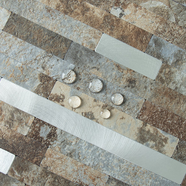 Beige & Brown Stacked Linear PVC Tile Mixed Metal Silver