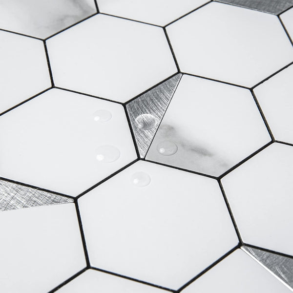 White Marble Look Hexagon PVC Mixed Silver Metal Chips